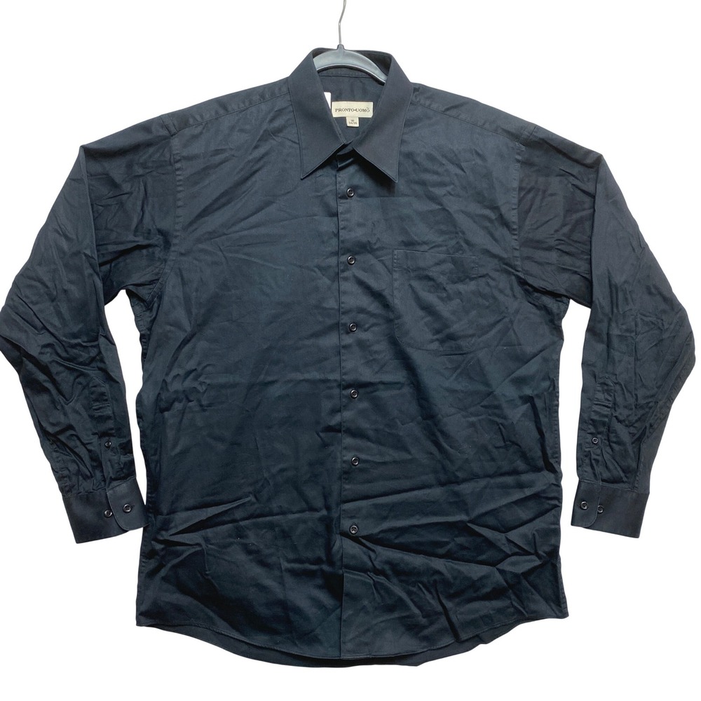 Pronto Uomo Dress Shirt Mens 16 34/35 Black Solid Button-Down Long Sleeve